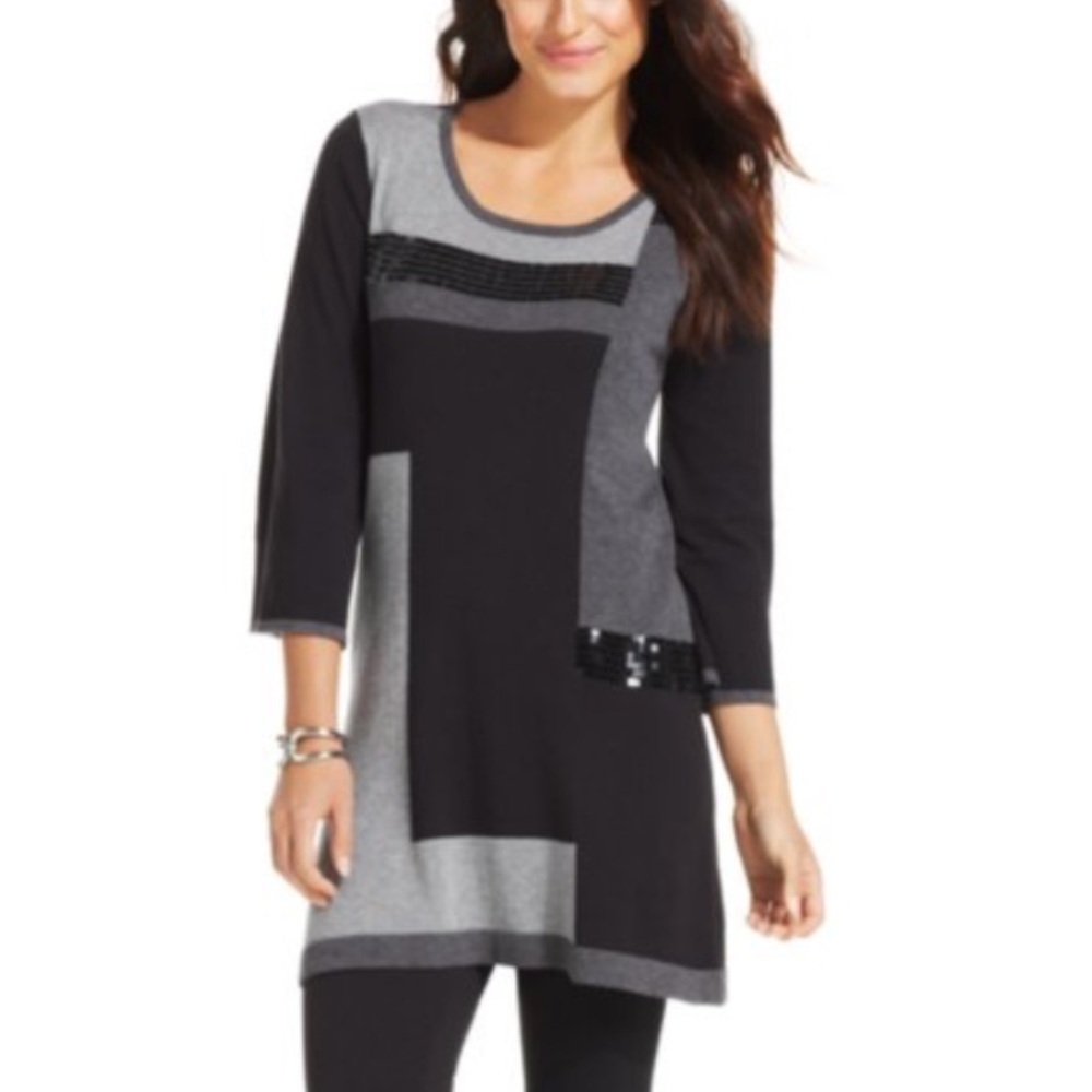 Style & Co Womens Black Gray Colorblock Sweater Dress‎ Top Stretch Casual Medium